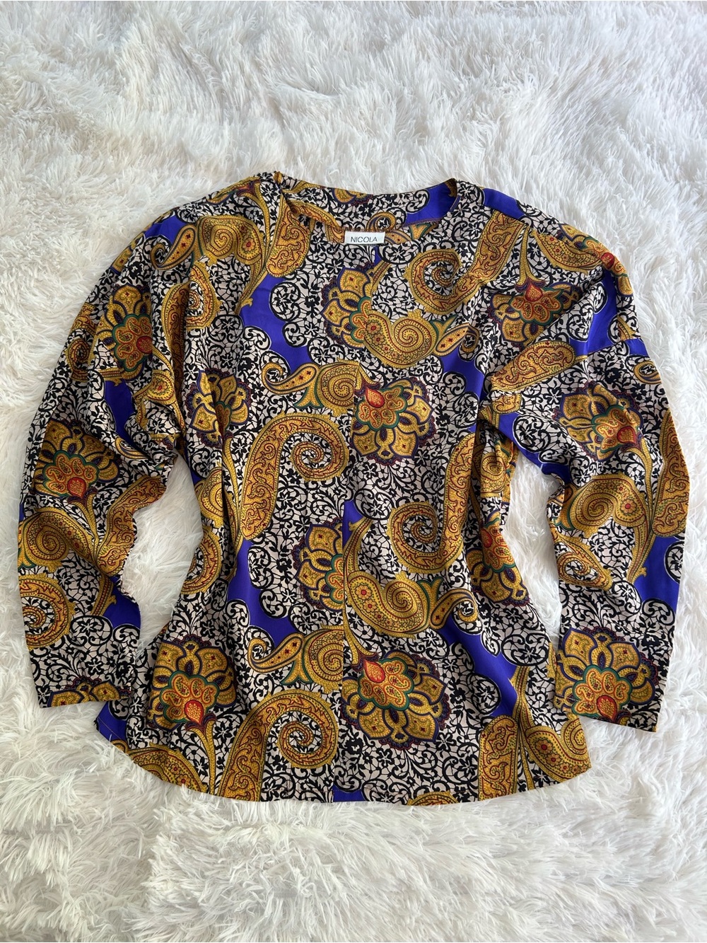 Vintage Nicola Paisley Blouse Size 10 Blue Gold Shoulder Pad Top